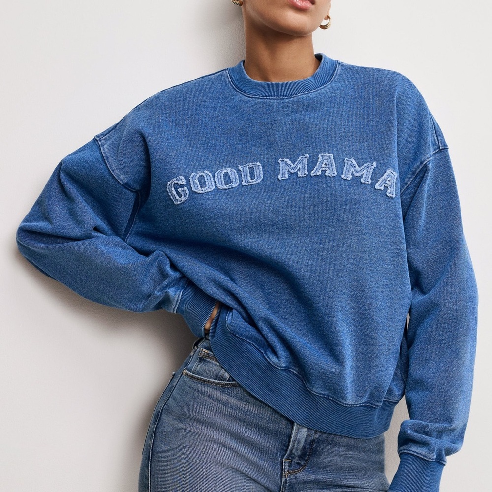Good American Crewneck “Good Mama” Sweatshirt- Blue, M- NWT